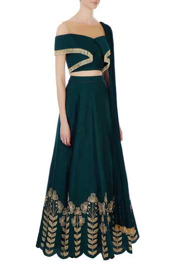Shruti Ranka_Green Raw Silk Embroidered Boat Neck Lehenga Set_Online_at_Aza_Fashions