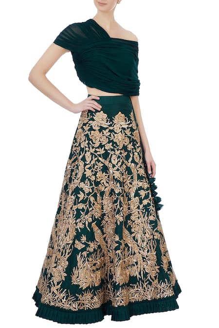 Shruti Ranka Green Raw Silk Embroidered Sequin One Lehenga With Draped Blouse  