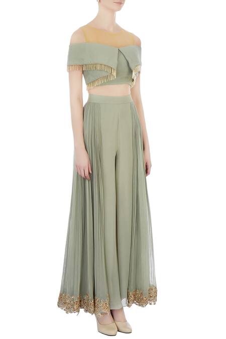 Shruti Ranka_Green Georgette Embroidered Cutdana Work Round Cold Shoulder Top And Palazzo Set_Online_at_Aza_Fashions