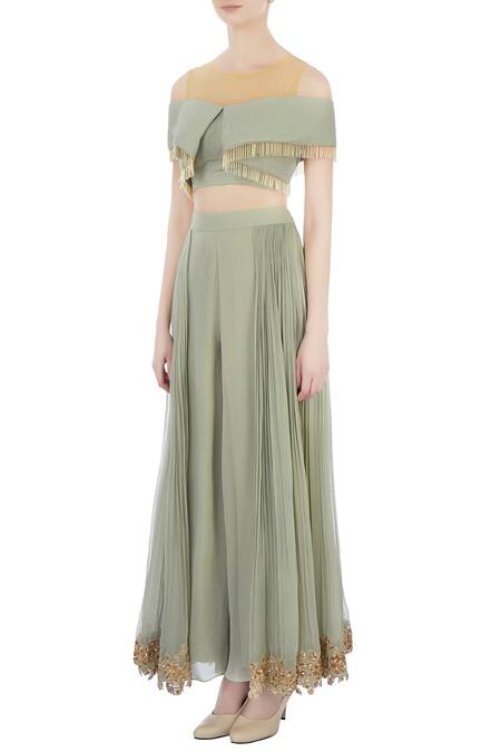 Buy_Shruti Ranka_Green Georgette Embroidered Cutdana Work Round Cold Shoulder Top And Palazzo Set_Online_at_Aza_Fashions