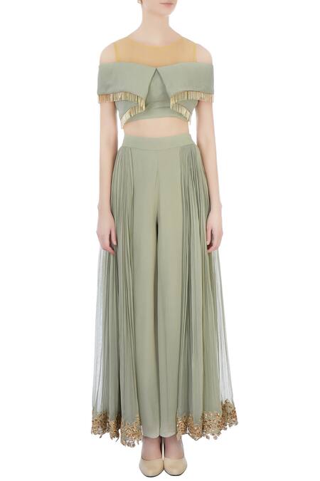 Shop_Shruti Ranka_Green Georgette Embroidered Cutdana Work Round Cold Shoulder Top And Palazzo Set_Online_at_Aza_Fashions
