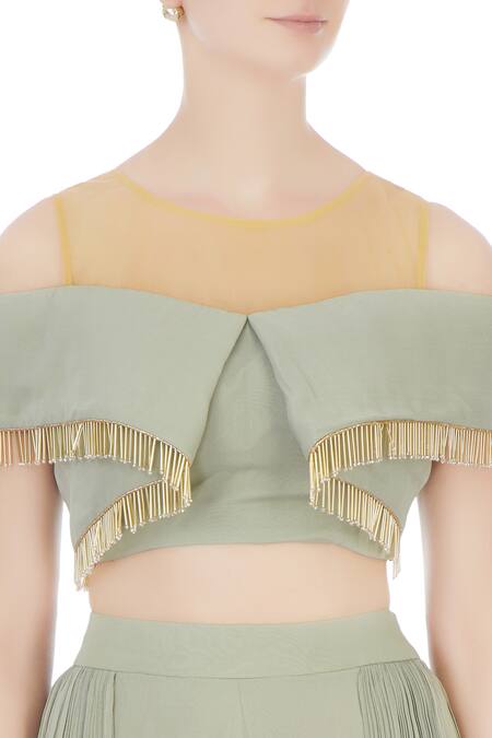 Shruti Ranka_Green Georgette Embroidered Cutdana Work Round Cold Shoulder Top And Palazzo Set_at_Aza_Fashions