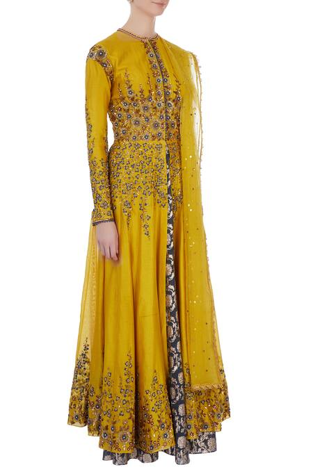 Joy Mitra Yellow Round Chanderi Jacket And Lehenga Set Online at Aza Fashions Joy Mitra_Yellow Round Chanderi Jacket And Lehenga Set _Online_at_Aza_Fashions