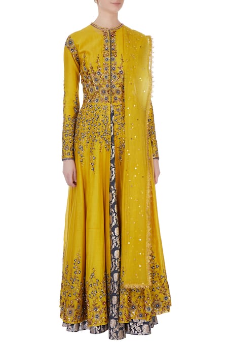 Shop Joy Mitra Yellow Round Chanderi Jacket And Lehenga Set Online at Aza Fashions Shop_Joy Mitra_Yellow Round Chanderi Jacket And Lehenga Set _Online_at_Aza_Fashions
