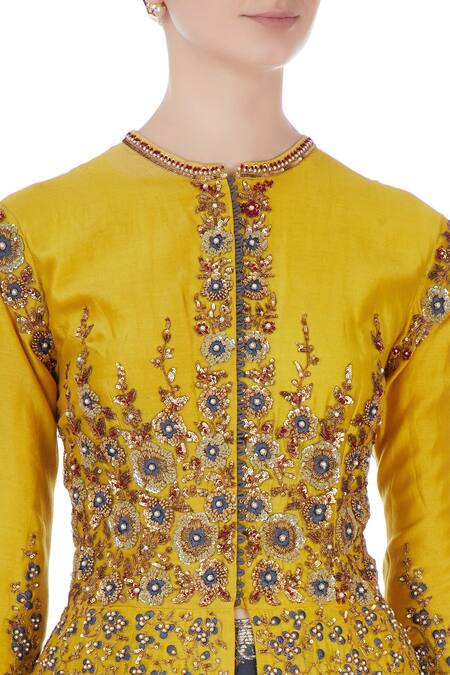 Joy Mitra Yellow Round Chanderi Jacket And Lehenga Set at Aza Fashions Joy Mitra_Yellow Round Chanderi Jacket And Lehenga Set _at_Aza_Fashions