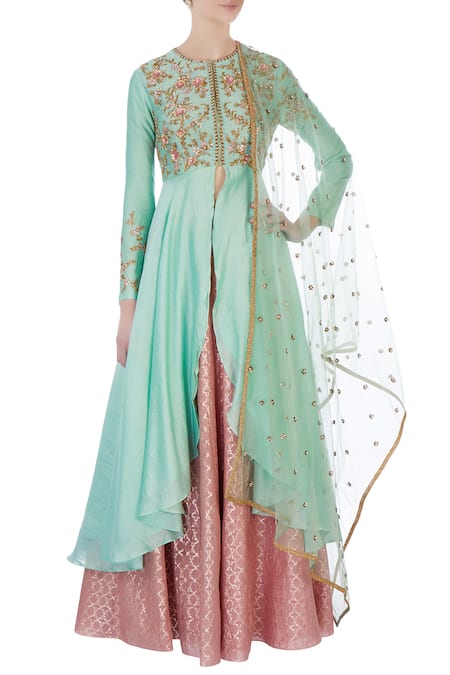 Joy Mitra Green Round Chanderi Silk Kurta And Lehenga Set 