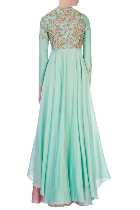 Shop Joy Mitra Green Round Chanderi Silk Kurta And Lehenga Set at Aza Fashions Shop_Joy Mitra_Green Round Chanderi Silk Kurta And Lehenga Set _at_Aza_Fashions