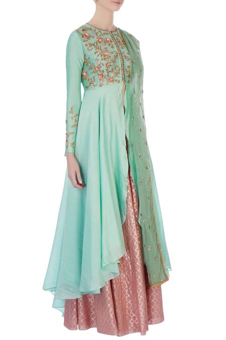 Joy Mitra Green Round Chanderi Silk Kurta And Lehenga Set Online at Aza Fashions Joy Mitra_Green Round Chanderi Silk Kurta And Lehenga Set _Online_at_Aza_Fashions