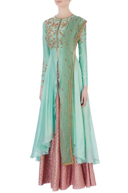 Buy Joy Mitra Green Round Chanderi Silk Kurta And Lehenga Set Online at Aza Fashions Buy_Joy Mitra_Green Round Chanderi Silk Kurta And Lehenga Set _Online_at_Aza_Fashions