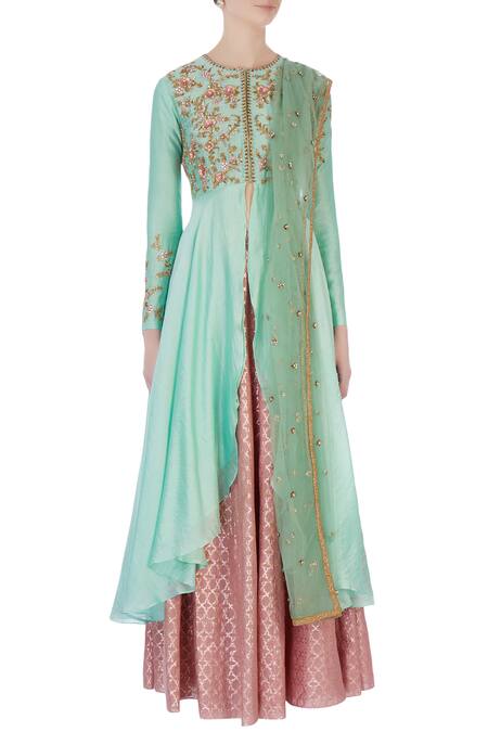 Shop Joy Mitra Green Round Chanderi Silk Kurta And Lehenga Set Online at Aza Fashions Shop_Joy Mitra_Green Round Chanderi Silk Kurta And Lehenga Set _Online_at_Aza_Fashions
