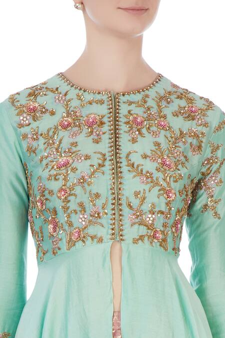 Joy Mitra Green Round Chanderi Silk Kurta And Lehenga Set at Aza Fashions Joy Mitra_Green Round Chanderi Silk Kurta And Lehenga Set _at_Aza_Fashions