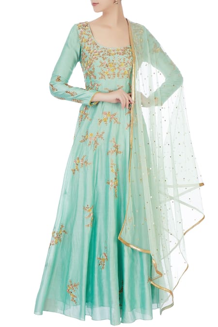 Joy Mitra Blue Square Neck Chanderi Anarkali With Dupatta 