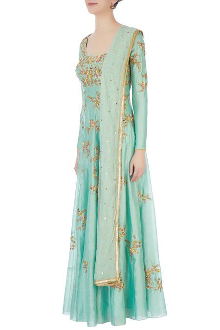 Buy Joy Mitra Blue Square Neck Chanderi Anarkali With Dupatta Online at Aza Fashions Buy_Joy Mitra_Blue Square Neck Chanderi Anarkali With Dupatta _Online_at_Aza_Fashions