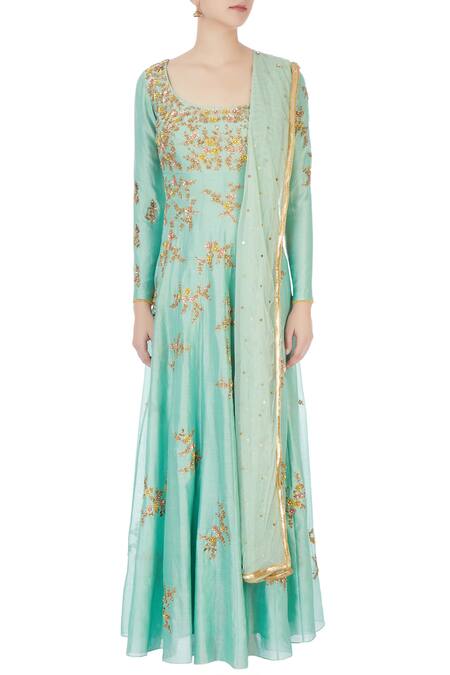 Shop Joy Mitra Blue Square Neck Chanderi Anarkali With Dupatta Online at Aza Fashions Shop_Joy Mitra_Blue Square Neck Chanderi Anarkali With Dupatta _Online_at_Aza_Fashions