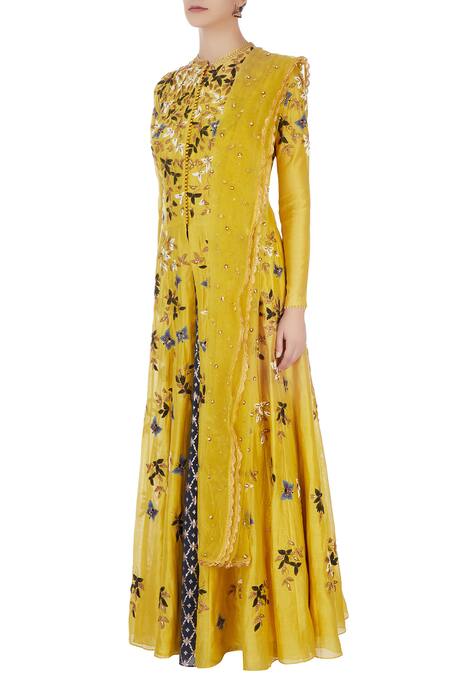 Buy_Joy Mitra_Yellow Round Chanderi Jacket And Lehenga Set _Online_at_Aza_Fashions