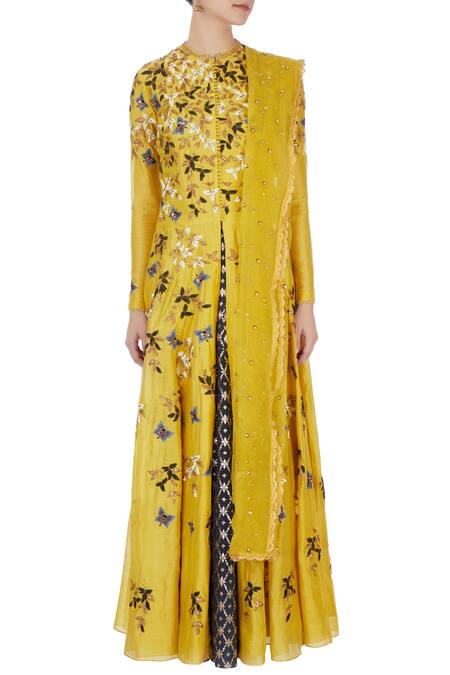 Shop_Joy Mitra_Yellow Round Chanderi Jacket And Lehenga Set _Online_at_Aza_Fashions