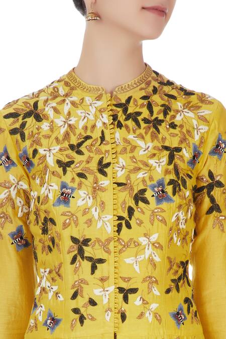 Joy Mitra_Yellow Round Chanderi Jacket And Lehenga Set _at_Aza_Fashions