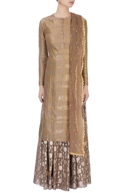 Shop Joy Mitra Grey Round Chanderi Kurta And Lehenga Set Online at Aza Fashions Shop_Joy Mitra_Grey Round Chanderi Kurta And Lehenga Set _Online_at_Aza_Fashions