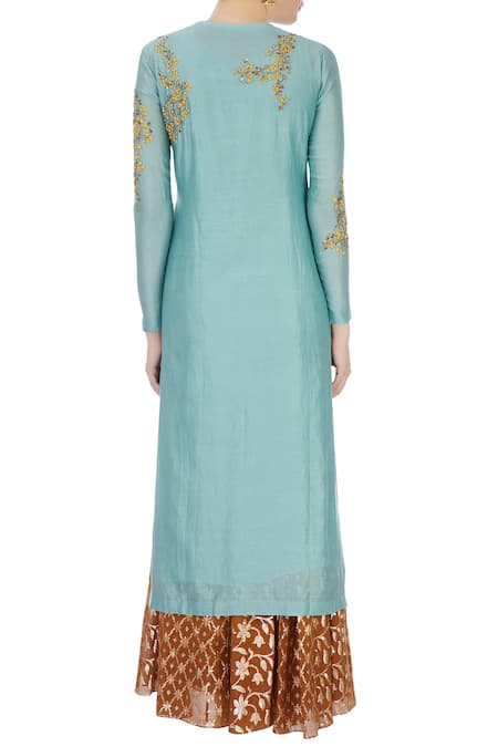 Shop Joy Mitra Blue Round Chanderi Kurta And Lehenga Set at Aza Fashions Shop_Joy Mitra_Blue Round Chanderi Kurta And Lehenga Set _at_Aza_Fashions