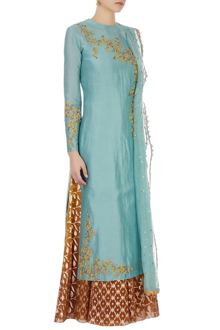 Joy Mitra Blue Round Chanderi Kurta And Lehenga Set Online at Aza Fashions Joy Mitra_Blue Round Chanderi Kurta And Lehenga Set _Online_at_Aza_Fashions