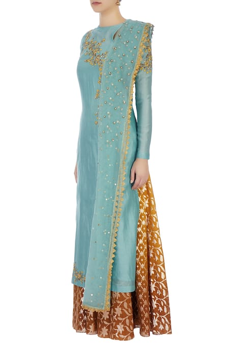 Buy Joy Mitra Blue Round Chanderi Kurta And Lehenga Set Online at Aza Fashions Buy_Joy Mitra_Blue Round Chanderi Kurta And Lehenga Set _Online_at_Aza_Fashions