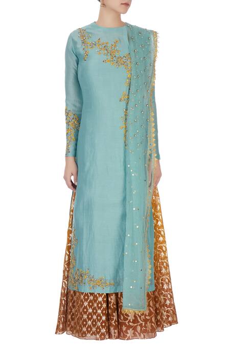 Shop Joy Mitra Blue Round Chanderi Kurta And Lehenga Set Online at Aza Fashions Shop_Joy Mitra_Blue Round Chanderi Kurta And Lehenga Set _Online_at_Aza_Fashions