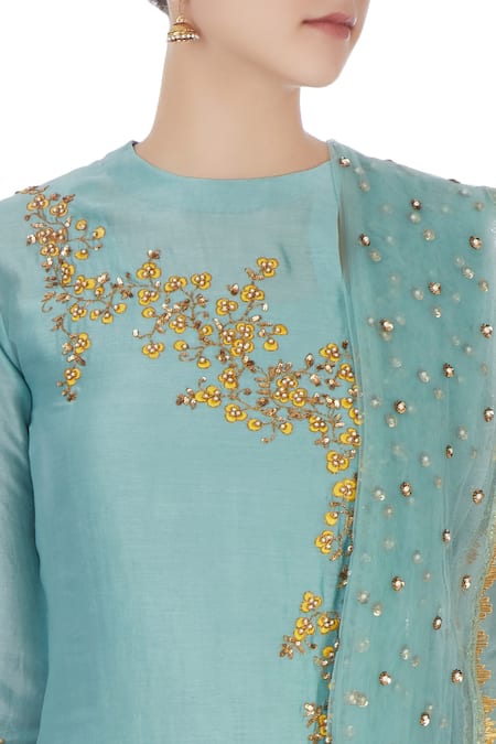 Joy Mitra Blue Round Chanderi Kurta And Lehenga Set at Aza Fashions Joy Mitra_Blue Round Chanderi Kurta And Lehenga Set _at_Aza_Fashions