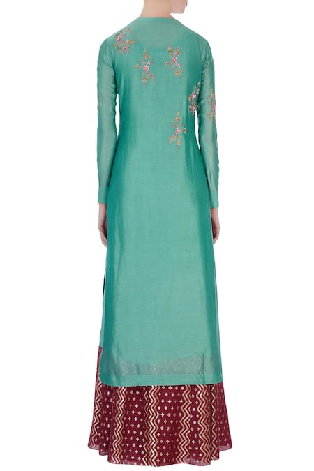 Shop Joy Mitra Green Round Chanderi Kurta And Lehenga Set at Aza Fashions Shop_Joy Mitra_Green Round Chanderi Kurta And Lehenga Set _at_Aza_Fashions