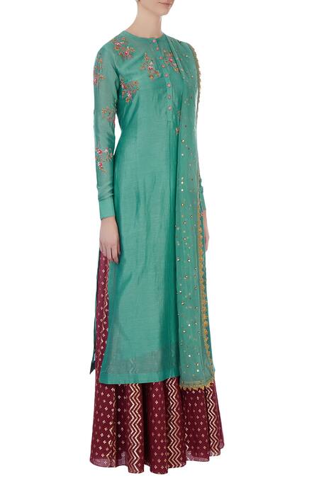 Joy Mitra Green Round Chanderi Kurta And Lehenga Set Online at Aza Fashions Joy Mitra_Green Round Chanderi Kurta And Lehenga Set _Online_at_Aza_Fashions