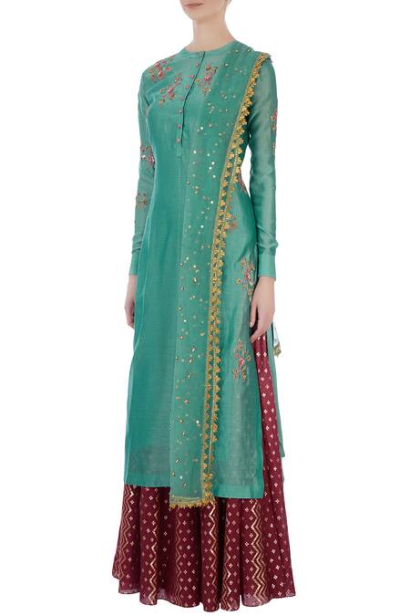 Buy Joy Mitra Green Round Chanderi Kurta And Lehenga Set Online at Aza Fashions Buy_Joy Mitra_Green Round Chanderi Kurta And Lehenga Set _Online_at_Aza_Fashions