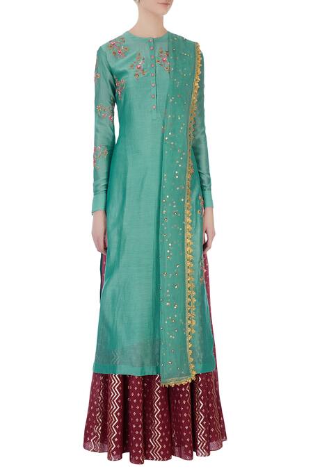 Shop Joy Mitra Green Round Chanderi Kurta And Lehenga Set Online at Aza Fashions Shop_Joy Mitra_Green Round Chanderi Kurta And Lehenga Set _Online_at_Aza_Fashions
