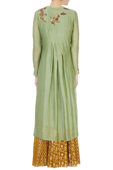 Shop Joy Mitra Green Round Chanderi Kurta And Lehenga Set at Aza Fashions Shop_Joy Mitra_Green Round Chanderi Kurta And Lehenga Set _at_Aza_Fashions