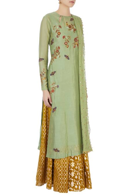 Joy Mitra Green Round Chanderi Kurta And Lehenga Set Online at Aza Fashions Joy Mitra_Green Round Chanderi Kurta And Lehenga Set _Online_at_Aza_Fashions