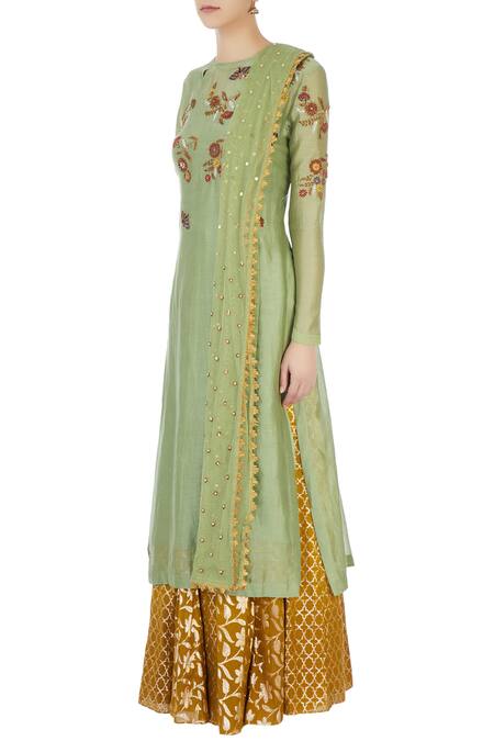 Buy Joy Mitra Green Round Chanderi Kurta And Lehenga Set Online at Aza Fashions Buy_Joy Mitra_Green Round Chanderi Kurta And Lehenga Set _Online_at_Aza_Fashions