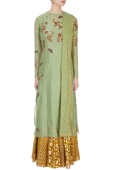 Shop Joy Mitra Green Round Chanderi Kurta And Lehenga Set Online at Aza Fashions Shop_Joy Mitra_Green Round Chanderi Kurta And Lehenga Set _Online_at_Aza_Fashions