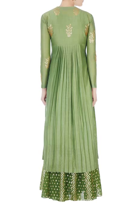 Shop Joy Mitra Green Round Chanderi Kurta And Lehenga Set at Aza Fashions Shop_Joy Mitra_Green Round Chanderi Kurta And Lehenga Set _at_Aza_Fashions