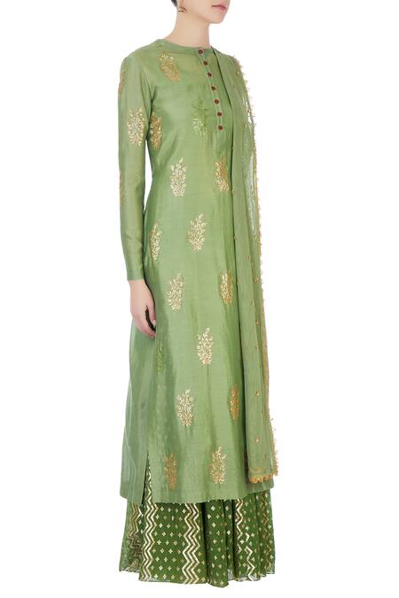 Joy Mitra Green Round Chanderi Kurta And Lehenga Set Online at Aza Fashions Joy Mitra_Green Round Chanderi Kurta And Lehenga Set _Online_at_Aza_Fashions