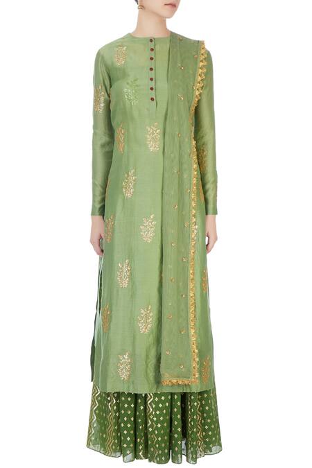 Shop Joy Mitra Green Round Chanderi Kurta And Lehenga Set Online at Aza Fashions Shop_Joy Mitra_Green Round Chanderi Kurta And Lehenga Set _Online_at_Aza_Fashions