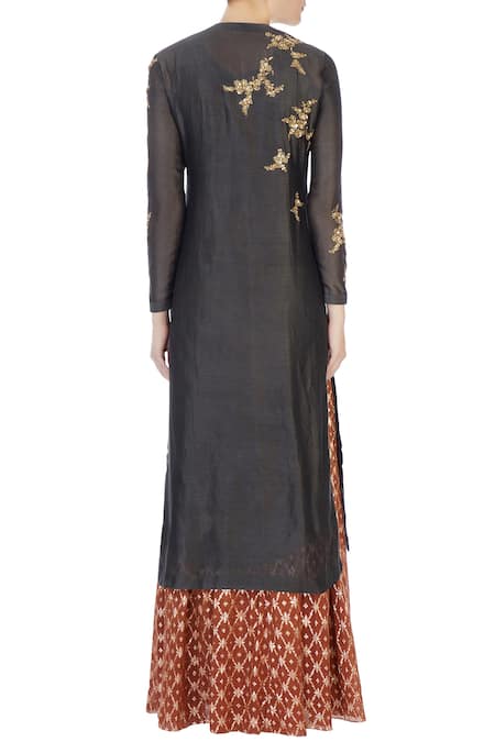 Shop Joy Mitra Black Round Chanderi Kurta And Lehenga Set at Aza Fashions Shop_Joy Mitra_Black Round Chanderi Kurta And Lehenga Set _at_Aza_Fashions