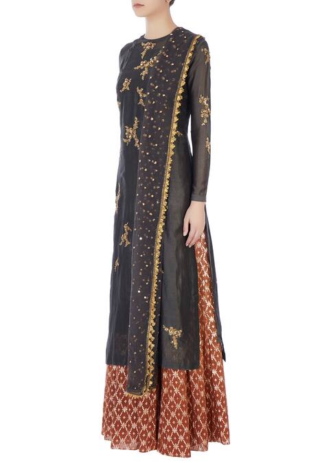 Buy Joy Mitra Black Round Chanderi Kurta And Lehenga Set Online at Aza Fashions Buy_Joy Mitra_Black Round Chanderi Kurta And Lehenga Set _Online_at_Aza_Fashions