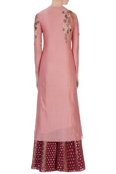 Shop_Joy Mitra_Pink Round Chanderi Kurta And Lehenga Set _at_Aza_Fashions