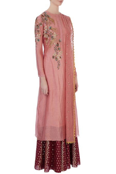 Joy Mitra_Pink Round Chanderi Kurta And Lehenga Set _Online_at_Aza_Fashions