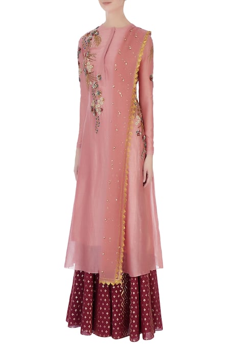 Buy_Joy Mitra_Pink Round Chanderi Kurta And Lehenga Set _Online_at_Aza_Fashions