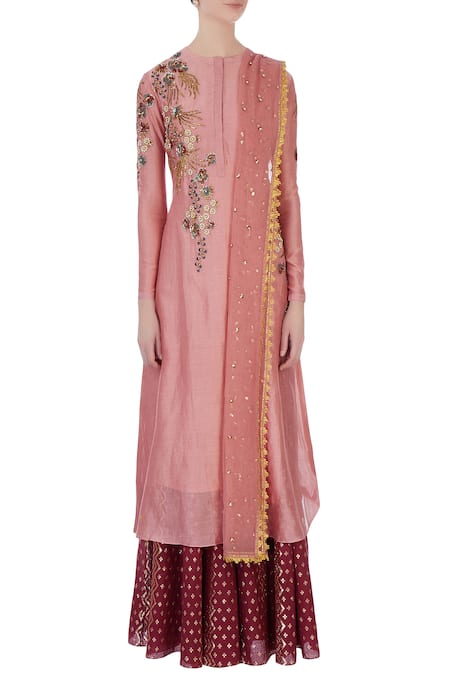 Shop_Joy Mitra_Pink Round Chanderi Kurta And Lehenga Set _Online_at_Aza_Fashions