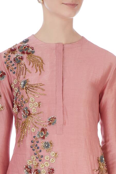 Joy Mitra_Pink Round Chanderi Kurta And Lehenga Set _at_Aza_Fashions