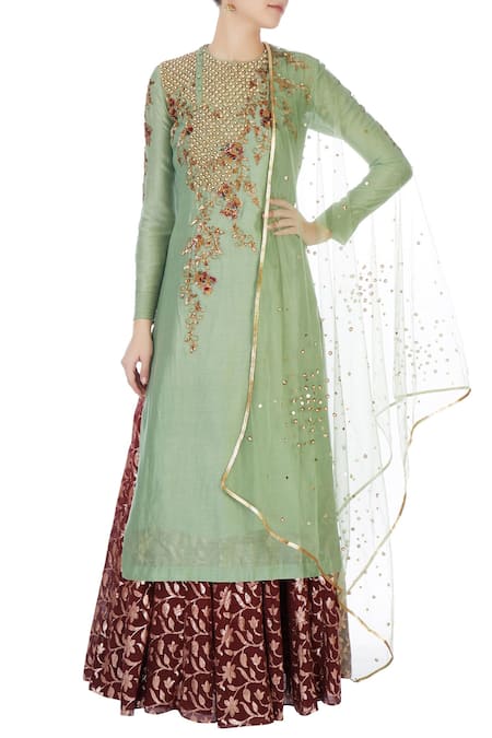 Joy Mitra Green Round Chanderi Kurta And Lehenga Set 
