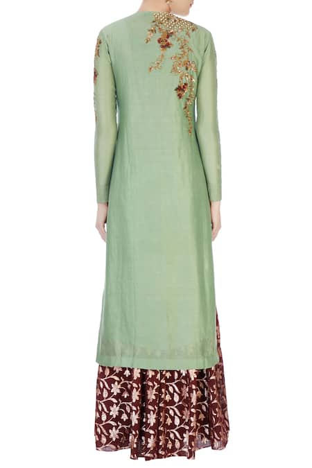 Shop Joy Mitra Green Round Chanderi Kurta And Lehenga Set at Aza Fashions Shop_Joy Mitra_Green Round Chanderi Kurta And Lehenga Set _at_Aza_Fashions