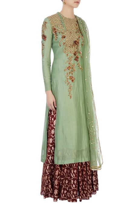 Joy Mitra Green Round Chanderi Kurta And Lehenga Set Online at Aza Fashions Joy Mitra_Green Round Chanderi Kurta And Lehenga Set _Online_at_Aza_Fashions