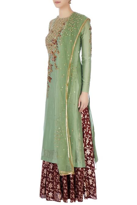 Buy Joy Mitra Green Round Chanderi Kurta And Lehenga Set Online at Aza Fashions Buy_Joy Mitra_Green Round Chanderi Kurta And Lehenga Set _Online_at_Aza_Fashions