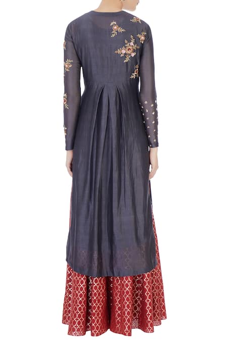 Shop Joy Mitra Grey Round Chanderi Kurta And Lehenga Set at Aza Fashions Shop_Joy Mitra_Grey Round Chanderi Kurta And Lehenga Set _at_Aza_Fashions